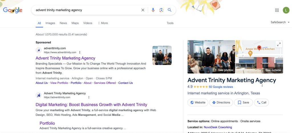 Search Engine advertising example. Advent Trinity Marketing Agency SEM. social media campaigns for social advertising: online advertising for restaurants